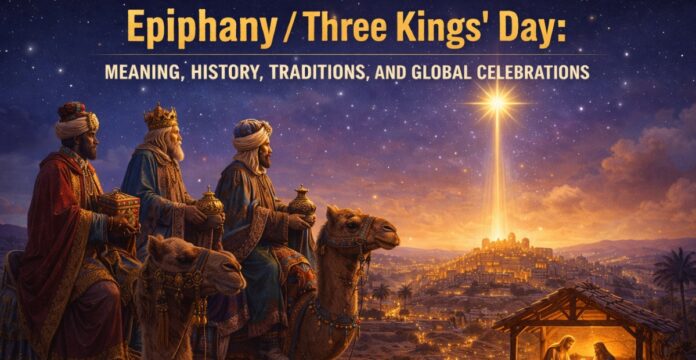 A vivid Epiphany/Three Kings Day banner showing three kings riding camels at dusk, bearing gifts as a bright star shines over a desert city in the distance. The title “Epiphany / ‘Three Kings’ Day: Meaning, History, Traditions, and Global Celebrations” appears at the top.