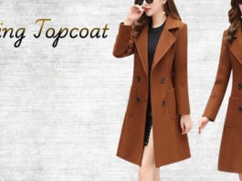 Two women wearing camel brown double-breasted knee-length coats standing against a light textured background; text 'Evening Topcoat' appears in cursive on the left. Evening Topcoat