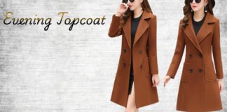 Evening Topcoat Style Guide Elegant Outerwear for Nights Out Two women wearing camel brown double-breasted knee-length coats standing against a light textured background; text 'Evening Topcoat' appears in cursive on the left. Evening Topcoat