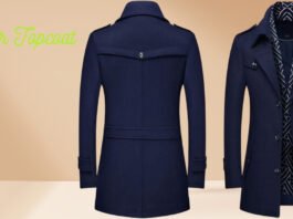 Two navy blue coats displayed from front and back against a beige gradient background; 'Explorer Topcoat' in lime cursive text on the left. Explorer Topcoat