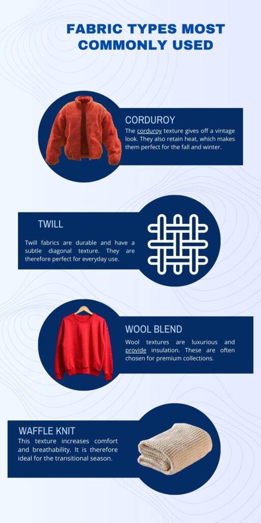 Infographic titled ‘Fabric Types Most Commonly Used’ featuring four sections with circular image icons and blue caption boxes: Corduroy (red jacket image), Twill (woven pattern icon), Wool Blend (red sweater), and Waffle Knit (beige knitted fabric). Each section includes a short description about the fabric’s look and use.