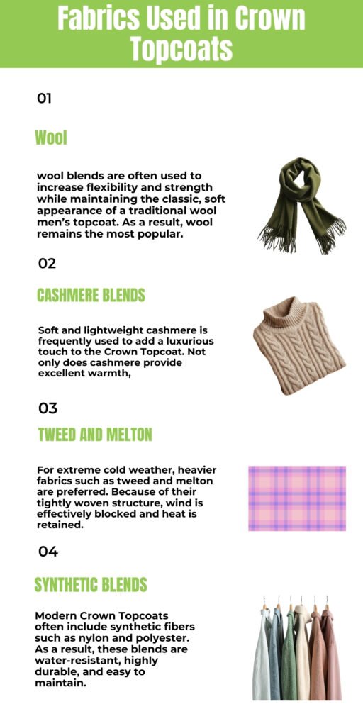 Crown Topcoat: The Ultimate Guide to Style, Fabric, and Fit. 5 Infographic titled ‘Fabrics Used in Crown Topcoats’ listing four fabric types with short descriptions and small images: Wool with scarf, Cashmere blends with knit sweater, Tweed and Melton with a pink plaid fabric, and Synthetic blends with a row of coats on hangers.