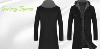 Fantasy Topcoat A Bold Statement of Luxury & Creative Style. Two views of a long black topcoat against a light background. The left image shows the back with a gray collar; the right image shows the front unbuttoned, revealing a gray quilted lining and a gray hoodie underneath. Fantasy Topcoat