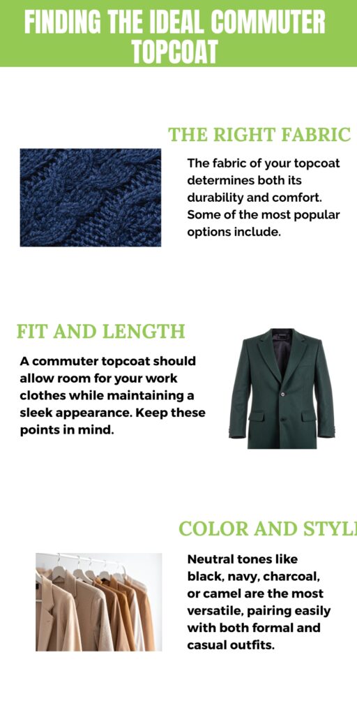 Informational infographic titled ‘Finding the Ideal Commuter Topcoat’ with sections: The Right Fabric (image of navy knit fabric), Fit and Length (green blazer image), and Color and Style (row of beige coats).