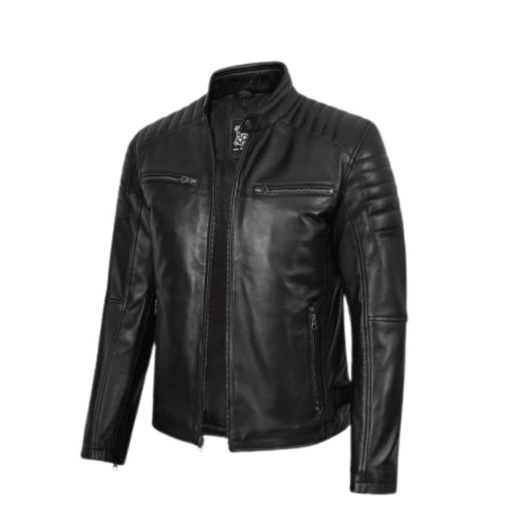 A black leather jacket with a stand collar, quilted padding on the shoulders and upper arms, zippered chest pockets, vertical zipper pockets at the sides, and zipped cuffs, displayed against a white background.