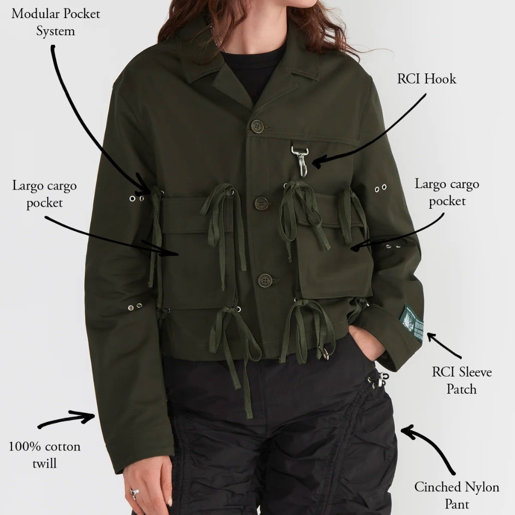 Olive green utility jacket with multiple drawstring pockets, RCI hook, sleeve patch, and cinched nylon pant shown on a model.
