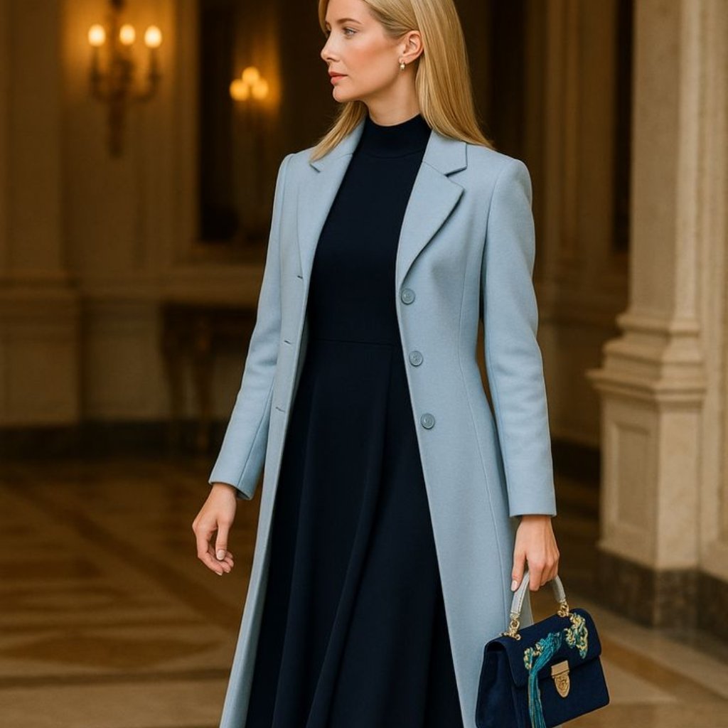A stylish woman wearing a light blue long coat over a dark navy dress, carrying a navy handbag with floral embroidery. She stands in a refined indoor hallway with warm lighting.
