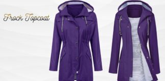 Why the Frock Topcoat Remains a Classic in Modern Menswear. Purple knee-length raincoat with hood, front zipper and snap closures, two side pockets; shown from front and open to reveal a striped lining. Frock Topcoat