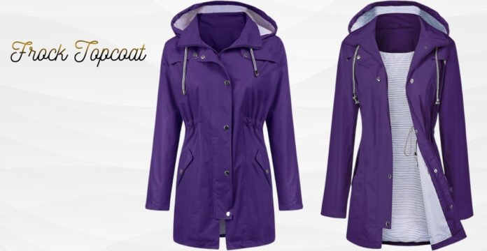 Purple knee-length raincoat with hood, front zipper and snap closures, two side pockets; shown from front and open to reveal a striped lining. Frock Topcoat
