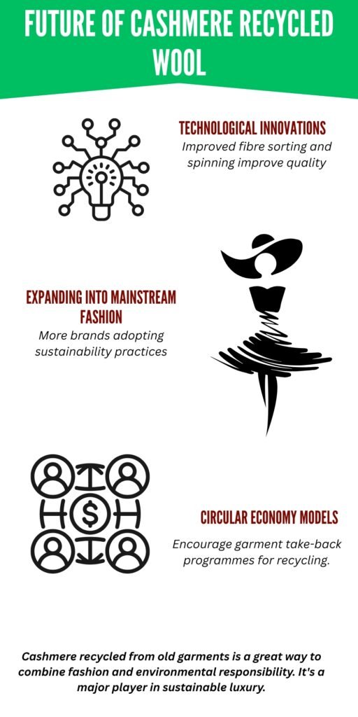 Recycled Cashmere Wool Fabric Infographic titled ‘Future of Cashmere Recycled’ with four sections: Technological Innovations graphic, Expanding into Mainstream Fashion figure, Circular Economy Models icon, and a concluding paragraph about cashmere recycled from old garments.