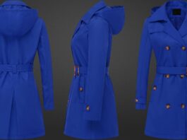 A bright cobalt blue trench coat shown from rear, side, and front views. Groom’s Topcoat