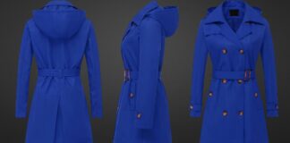 Groom’s Topcoat Stylish Outerwear Ideas for Your Wedding Day A bright cobalt blue trench coat shown from rear, side, and front views. Groom’s Topcoat