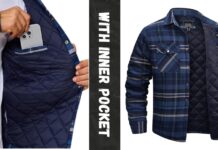 Heavyweight Overshirt Jacket: Built for Cold Seasons Two blue plaid flannel shirts shown: one with a quilted navy lining being placed into a pocket, and a full view of the shirt on the right.