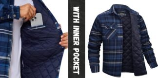 Heavyweight Overshirt Jacket: Built for Cold Seasons Two blue plaid flannel shirts shown: one with a quilted navy lining being placed into a pocket, and a full view of the shirt on the right.