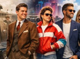 "Group of five stylish people representing different eras: two men in vintage tweed suits and caps on the left, a person in a bright red and white 1980s windbreaker with a boombox in the center, and a modern-dressed man and woman in blazers and sunglasses on the right. Background shifts from a vintage horse-racing scene to a bright futuristic cityscape. History of Sports Jackets.