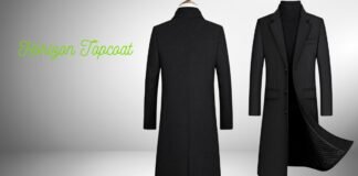 Horizon Topcoat A Modern Classic Redefining Winter Elegance. Two black topcoats displayed against a gradient gray background. The left coat is shown from the back, while the right coat is shown from the front with the side panel slightly open to reveal a quilted lining. Horizon Topcoat