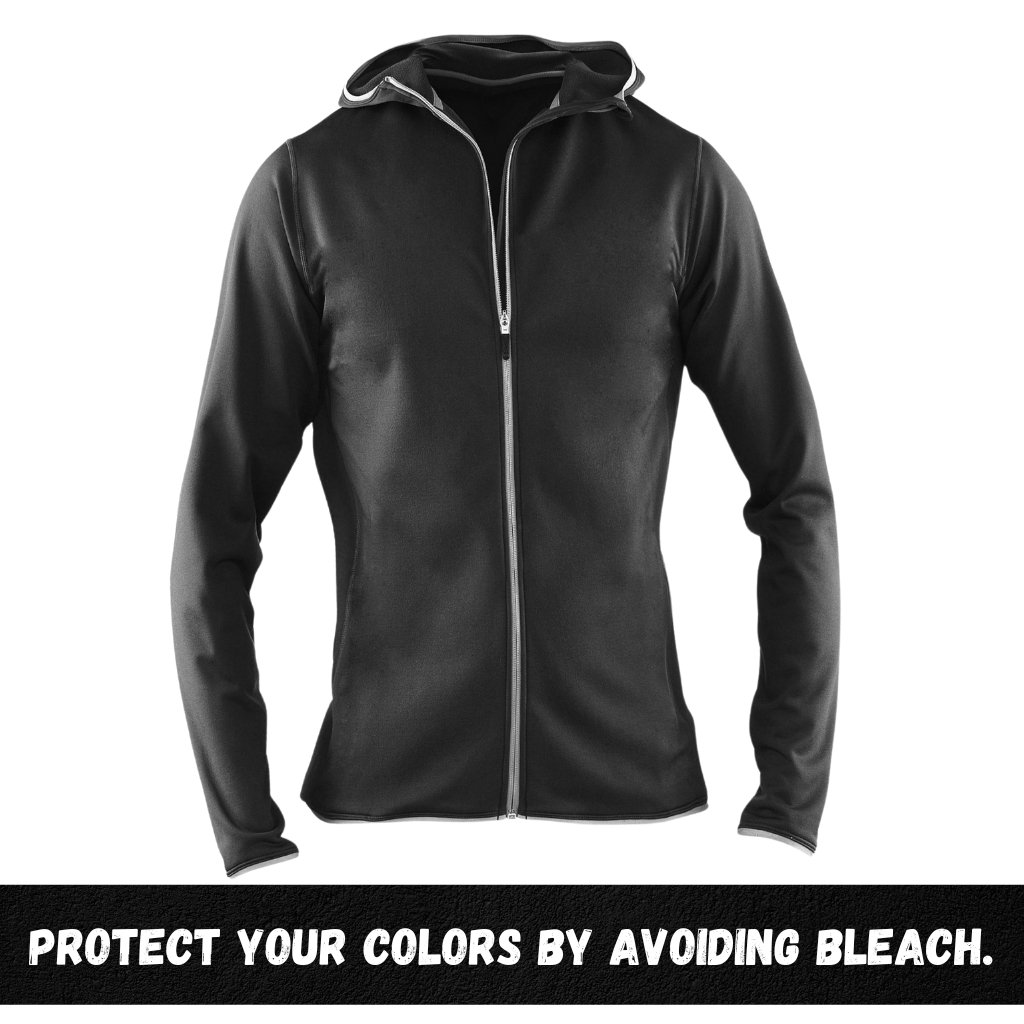 Zip-Up Hoodie: Stylish, comfort and Perfect for Every Season 6 A black zip-up hoodie with a silver zipper, fit-and-flare silhouette, long sleeves, and a hood. The text at the bottom reads, “Protect your colors by avoiding bleach.”