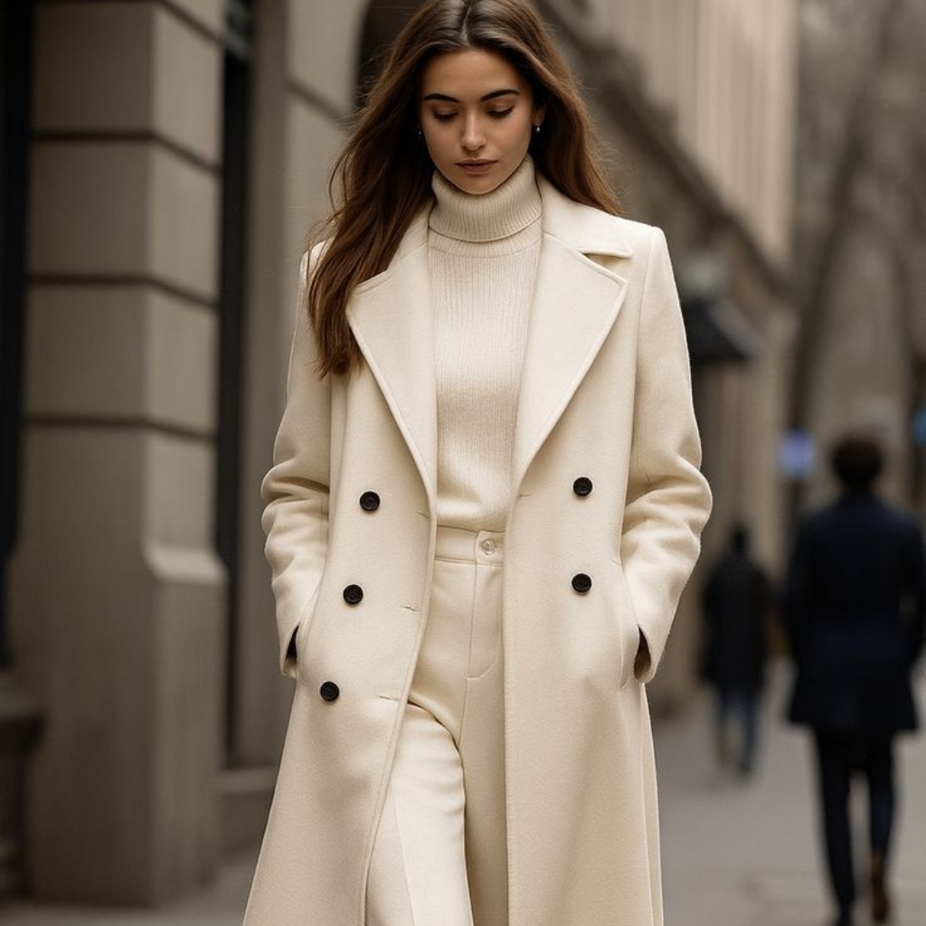 A woman walking down a city street wearing an all-beige outfit: a long double-breasted coat, turtleneck sweater, and matching trousers.
