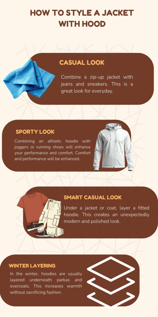 Infographic titled ‘How to Style a Jacket with Hood’ showing four style looks: Casual Look with a blue scarf, Sporty Look with a white jacket, Smart Casual Look with a red shirt and beige pants, and Winter Layering with layered hoodies. Each section has a short description on beige-brown rounded panels with geometric background.