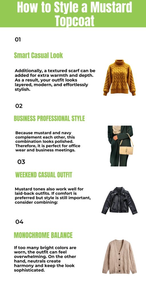Infographic titled 'How to Style a Mustard Topcoat' showing four style ideas: 01 Smart Casual Look with a mustard turtleneck sweater; 02 Business Professional Style with a navy suit; 03 Weekend Casual Outfit with a black leather jacket; 04 Monochrome Balance with a neutral cardigan. Each section includes brief styling notes and small corresponding images on the right.