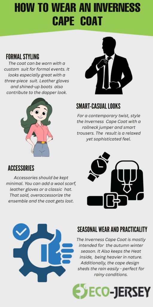 An infographic titled “How to Wear an Inverness Cape Coat” with a lime green header. It features icons and illustrations for formal styling, smart-casual looks, accessories, seasonal wear and practicality, plus the Eco-Jersey logo at the bottom. The layout includes a silhouette of a person in a suit, a cartoon woman, and various gear and gear-like icons.