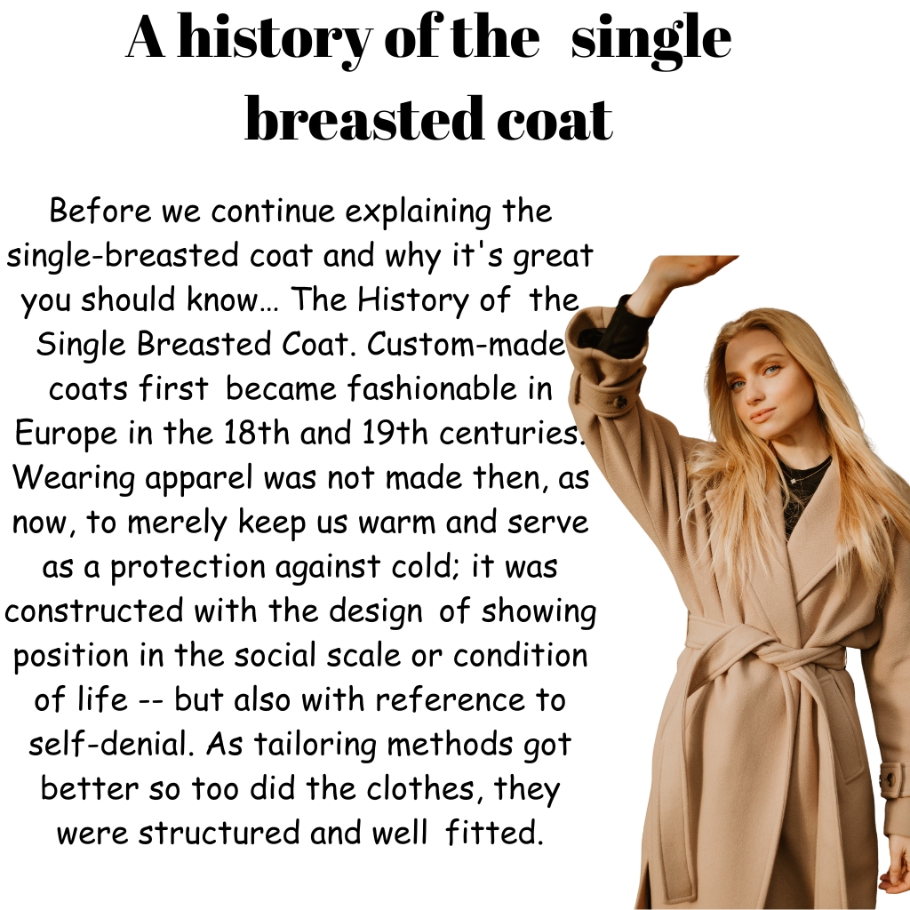 A fashion-themed image showing a woman in a camel-colored coat on the right, with a large block of decorative handwritten-style text about the history of the single-breasted coat on the left. The headline at the top reads 'A history of the single breasted coat.