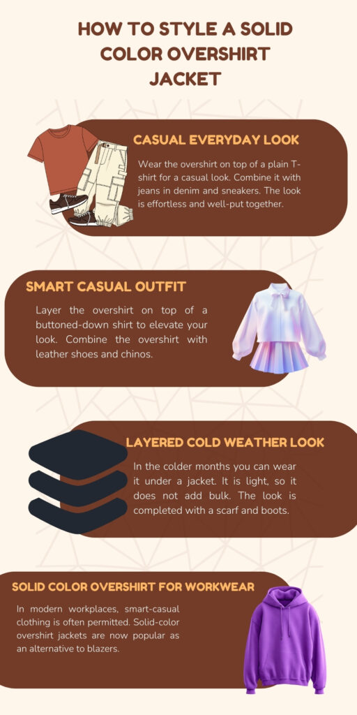 Infographic titled ‘How to Style a Solid Color Overshirt Jacket’ with four brown rounded panels showing a casual everyday look with clothes, a smart casual outfit with a lavender top, layered cold weather look with stacked coats, and a solid color overshirt for workwear with a purple hoodie.