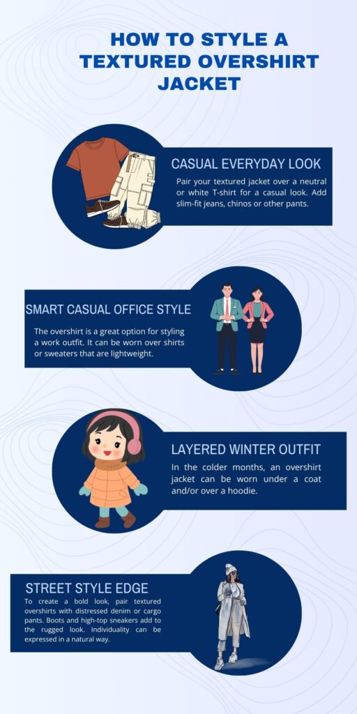 Infographic titled ‘How to Style a Textured Overshirt Jacket’ with four sections: Casual Everyday Look, Smart Casual Office Style, Layered Winter Outfit, and Street Style Edge. Each section has a blue circular graphic with clothing illustrations and callout text boxes on a light blue patterned background.