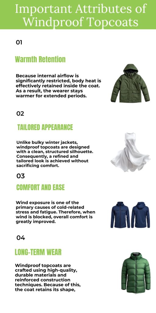 Poster titled ‘Important Attributes of Windproof Topcoats’ with four sections: 01 Warmth Retention, 02 Tailored Appearance, 03 Comfort and Ease, 04 Long-Term Wear. Each section includes a short description and a small product image on the right.