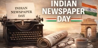 Indian Newspaper Day: Importance & Role of Print Media A vintage scene celebrating Indian Newspaper Day: a classic typewriter with a sheet reading “INDIAN NEWSPAPER DAY,” a rolled newspaper labeled “NEWS,” reading glasses, and a cup of tea on a stack of newspapers. In the background, the Indian flag waves near the India Gate monument.