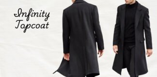 Infinity Topcoat: The Ultimate Symbol of Timeless Elegance. Two men modeling a long, dark gray topcoat. One shown from the back on the left; the other shown from the side on the right, wearing a black turtleneck and black pants. The background is light gray/white. Infinity Topcoat