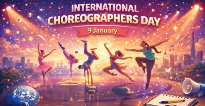 A vibrant poster for International Choreographers Day showing dancers leaping and spinning around a glowing stage with a futuristic city skyline in the background. Bright spotlights, music notes, and a notebook with a pencil sit in the foreground