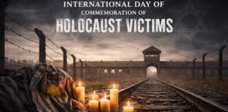 International Day of Commemoration of Holocaust Victims A somber scene for International Day of Commemoration of Holocaust Victims: railway tracks lead to a distant concentration camp gate, flanked by barbed wire fences. In the foreground, a striped prison uniform draped over some rocks features a Star of David, and several lit candles glow beside the scene.
