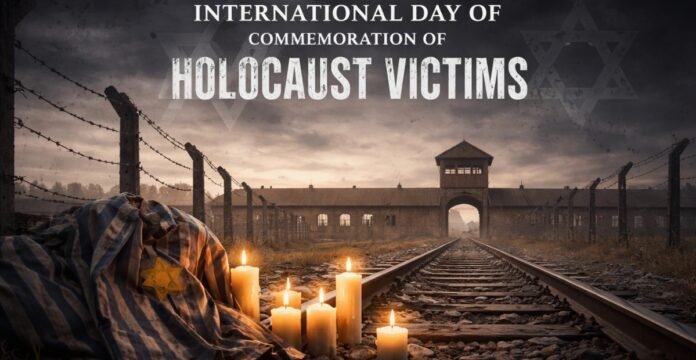 A somber scene for International Day of Commemoration of Holocaust Victims: railway tracks lead to a distant concentration camp gate, flanked by barbed wire fences. In the foreground, a striped prison uniform draped over some rocks features a Star of David, and several lit candles glow beside the scene.