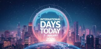 International Days Today (7 January): Why They Matter A futuristic cityscape at night with a glowing globe and a circular, high-tech frame. The text in the center reads “INTERNATIONAL DAYS TODAY, 7 JANUARY 2026,” surrounded by a bright halo.