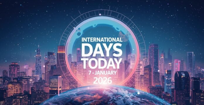 A futuristic cityscape at night with a glowing globe and a circular, high-tech frame. The text in the center reads “INTERNATIONAL DAYS TODAY, 7 JANUARY 2026,” surrounded by a bright halo.