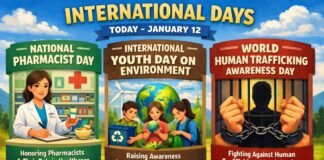 International Days Today January 12 Observances & Importance A colorful triptych poster for International Days. Left panel shows a pharmacist at a counter with bottles and a computer, middle panel depicts children studying the Earth and recycling, and right panel features a person behind bars with a broken chain to represent human trafficking awareness. The header reads ‘INTERNATIONAL DAYS TODAY - JANUARY 12