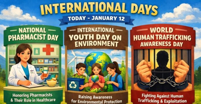 A colorful triptych poster for International Days. Left panel shows a pharmacist at a counter with bottles and a computer, middle panel depicts children studying the Earth and recycling, and right panel features a person behind bars with a broken chain to represent human trafficking awareness. The header reads ‘INTERNATIONAL DAYS TODAY - JANUARY 12
