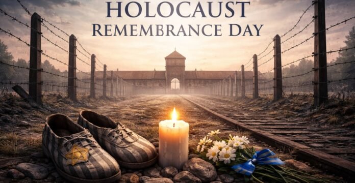 A somber scene commemorating Holocaust Remembrance Day: striped shoes with yellow Star of David sit on rocks beside a lit candle and a small bouquet of white daisies tied with a blue-and-white ribbon. Railway tracks extend into the distance toward a large brick gate, with barbed-wire fences on both sides under a muted sky. International Holocaust Remembrance Day