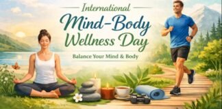 1.International Mind-Body Wellness Day: Balance Mind-Body A vibrant outdoor wellness scene for International Mind-Body Wellness Day. On the left, a woman sits in a lotus pose by a serene lake with flowers and stones. On the right, a man in athletic wear jogs along a wooden path, with fitness gear like a yoga mat, dumbbells, and a cup of tea in the foreground. The text at the top reads “International Mind-Body Wellness Day” and the subtitle “Balance Your Mind & Body.”