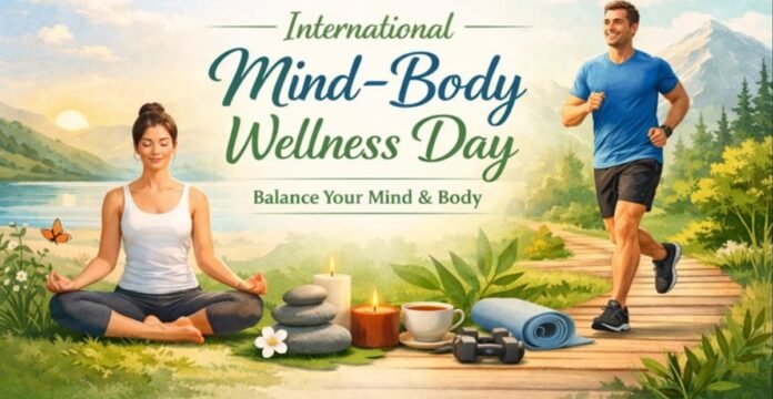 A vibrant outdoor wellness scene for International Mind-Body Wellness Day. On the left, a woman sits in a lotus pose by a serene lake with flowers and stones. On the right, a man in athletic wear jogs along a wooden path, with fitness gear like a yoga mat, dumbbells, and a cup of tea in the foreground. The text at the top reads “International Mind-Body Wellness Day” and the subtitle “Balance Your Mind & Body.”