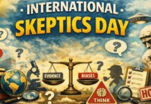 International Skeptics Day: Critical Thinking Matters Today Illustrated poster for International Skeptics Day showing a scale balancing ‘Evidence’ and ‘Biases’ with a thinking statue, magnifying glass, books, a globe, question marks, a UFO, and a ‘Hoax!’ stamp in the background. The scene is busy and science-themed with warm, vintage colors.