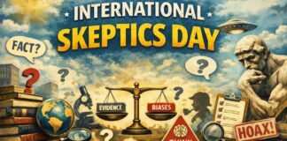 International Skeptics Day: Critical Thinking Matters Today Illustrated poster for International Skeptics Day showing a scale balancing ‘Evidence’ and ‘Biases’ with a thinking statue, magnifying glass, books, a globe, question marks, a UFO, and a ‘Hoax!’ stamp in the background. The scene is busy and science-themed with warm, vintage colors.