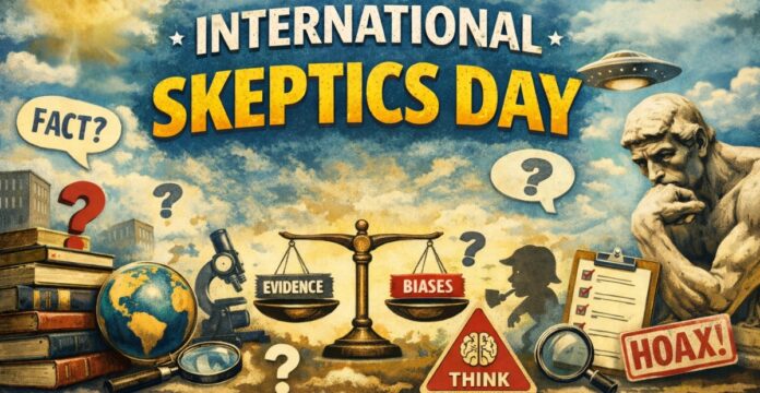 Illustrated poster for International Skeptics Day showing a scale balancing ‘Evidence’ and ‘Biases’ with a thinking statue, magnifying glass, books, a globe, question marks, a UFO, and a ‘Hoax!’ stamp in the background. The scene is busy and science-themed with warm, vintage colors.