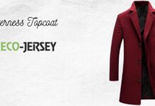 Inverness Topcoat: The Timeless Classic of Formal Outerwear. Red women's long coat displayed on the right; text 'Inverness Topcoat' and a green Eco-Jersey logo on a light textured background. Inverness Topcoat
