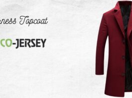 Red women's long coat displayed on the right; text 'Inverness Topcoat' and a green Eco-Jersey logo on a light textured background. Inverness Topcoat