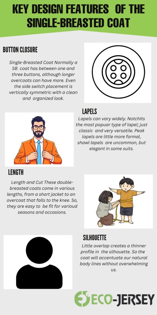 An infographic titled “Key Design Features of the Single-Breasted Coat” with sections for Button Closure, Lapels, Length, Silhouette, each featuring simple illustrations and text against a light gray background. The bottom includes a green logo and “Eco-Jersey” text.Single Breasted Coat