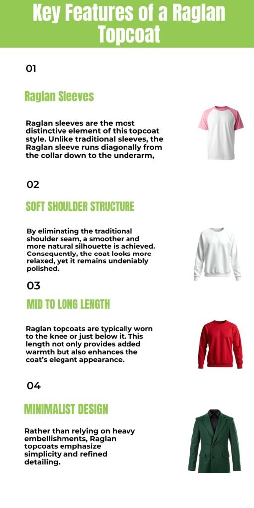 Raglan Topcoat The Ultimate Guide to Timeles Outerwear Style 5 infographic titled 'Key Features of a Raglan Topcoat' with four sections: 01 Raglan Sleeves showing a pink and white raglan sleeve T-shirt on the right; 02 Soft Shoulder Structure with a light gray long-sleeve shirt; 03 Mid to Long Length with a red raglan top; 04 Minimalist Design with a green blazer-style coat. Each section has bold green headings and descriptive black text.