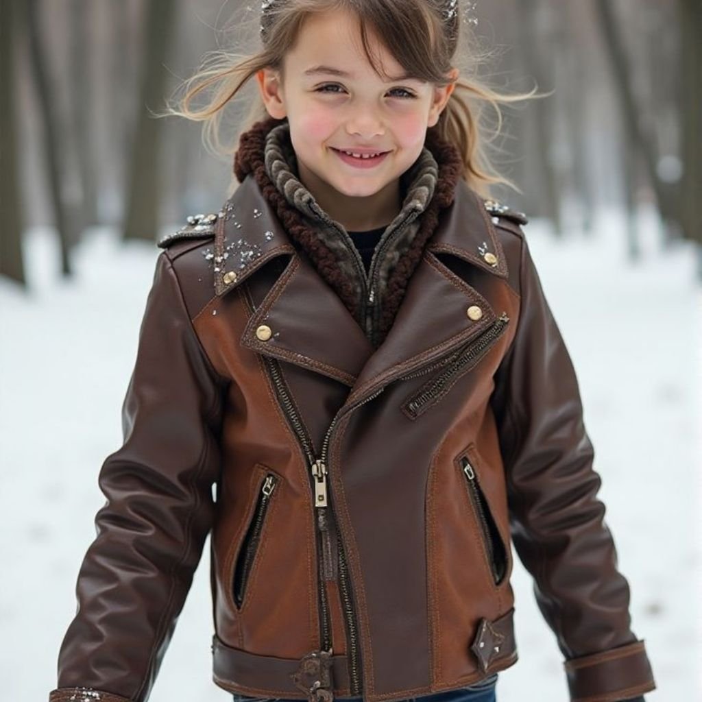 A smiling young girl wearing a brown leather jacket with zippers and a warm collar, standing outdoors in a snowy setting.
