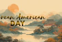 Korean American Day: History Meaning & Cultural Contribution A scenic artwork for Korean American Day featuring a tranquil landscape with mountains, a calm lake, and a traditional building. The scene is bathed in warm autumn tones with orange trees and soft mist, overlaid by the bold text ‘Korean American Day’ in a flowing script.
